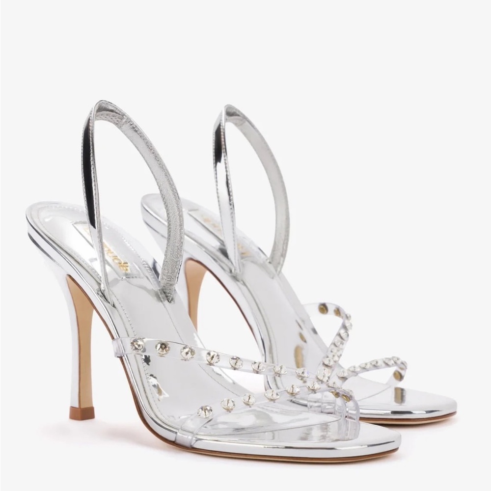 Larroude Silver Strappy Heels with Swarovski  Rhinestone Accents